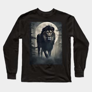 Lion in the Foggy Forest Under the Big Moon Long Sleeve T-Shirt